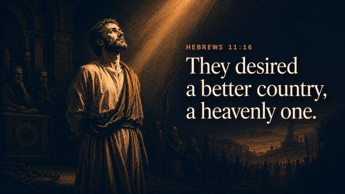 Engraving-style illustration of a bound prisoner looking up into light, with the words "They desired a better country, a heavenly one." from Hebrews 11:16